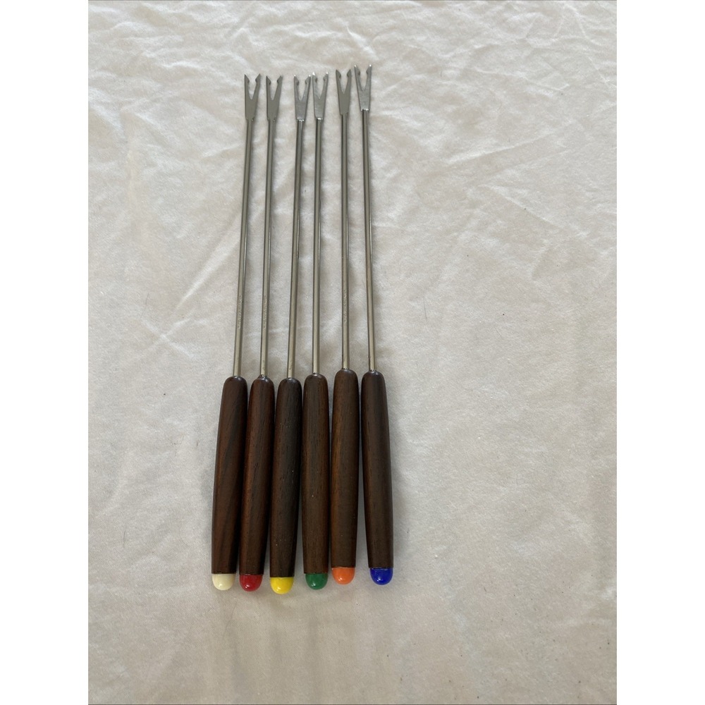 Vintage Fondue Forks Stainless Steel Wood Handles, Colored Tips, Set of 6 Japan